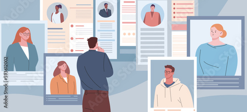 Online recruiting, employee recruitment on job. Finding staff, business man looking resume online. Interview with candidate, hiring kicky vector concept