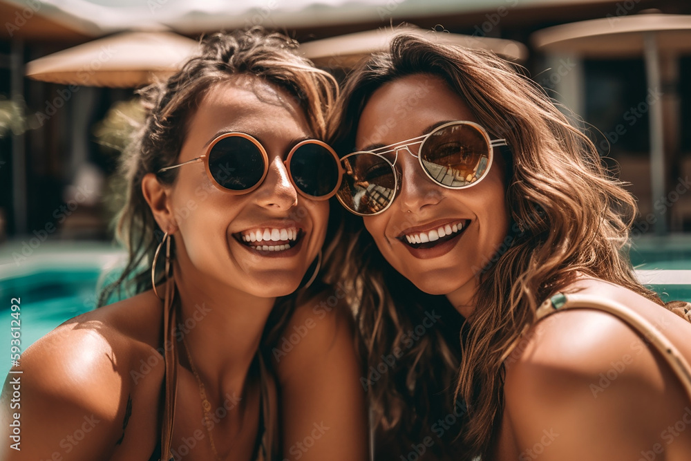 Portrait of two female friends having fun in a pool during summer vacation. Generative AI Portrait of two female friends having fun in a pool during summer vacation. Generative AI