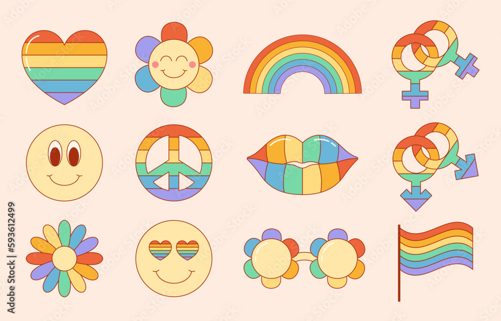 Retro hippie LGBT elements collection for pride month. Gay and lesbian groovy symbols. Vector illustration Retro hippie LGBT elements collection for pride month. Gay and lesbian groovy symbols. Vector illustration