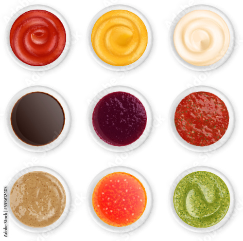 Isolated realistic sauces top view in white bowls. Sauce condiments, dips or dressings for dishes. Pesto, ketchup and mayonnaise pithy vector set