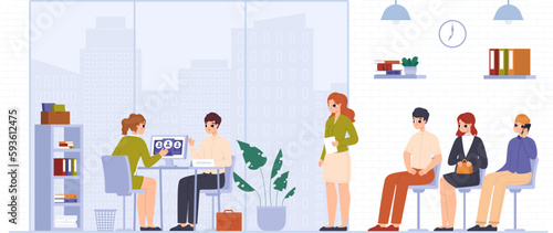 Corporate job interview, recruitment and queue of young employees. Modern office business hr manager talk with guy. Professional snugly vector scene
