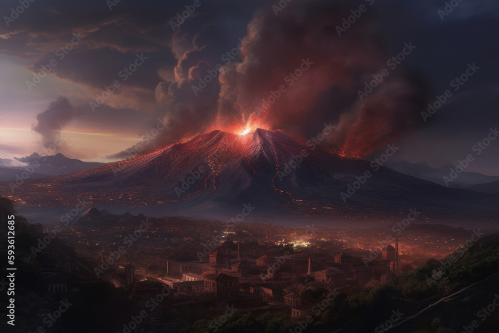 Volcano Erupting Over Roman Greek City Below Fantasy Concept Art created with generative AI technology