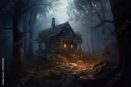 Dark Spooky Hag Cabin in the Woods Concept Art created with Generative ai techno Fototapet