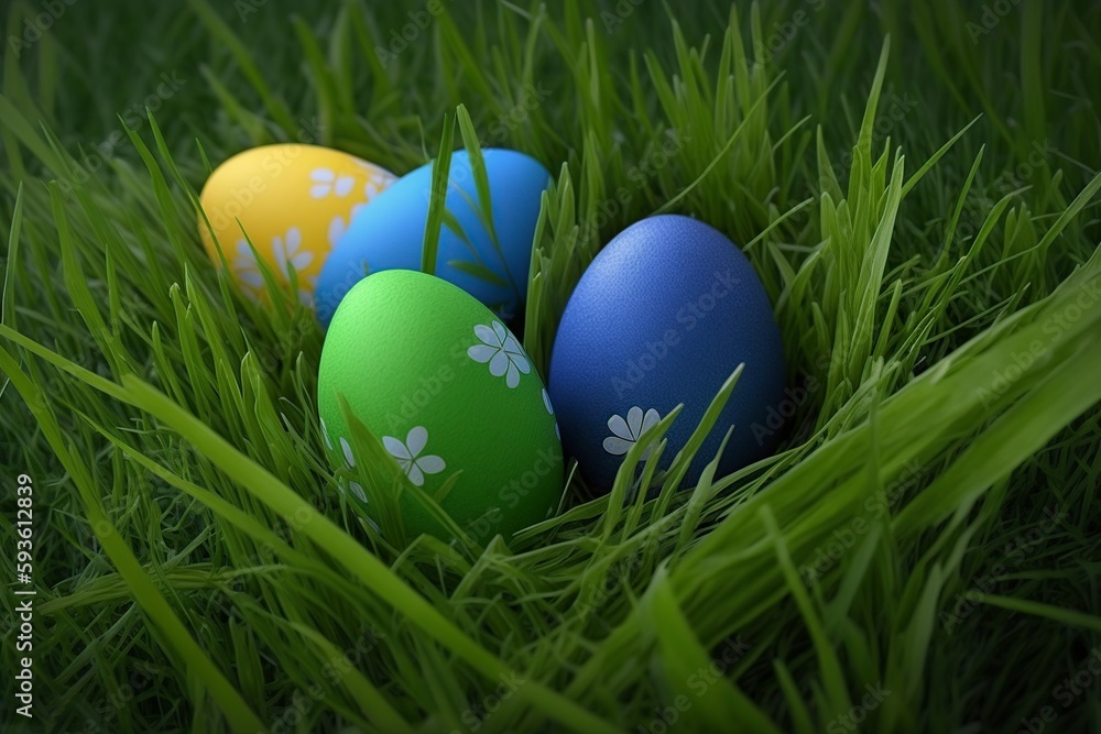 illustration, decorated easter eggs in the grass, generative ai