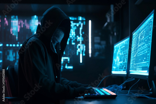 A hacker with hoodie inside a computer system, metaverse, tron style (Generative AI) © ELmidoi-AI