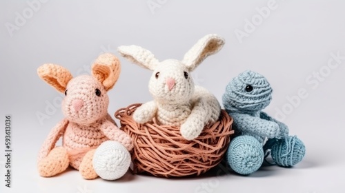 illustration, a crocheted Easter bunny with a ball of yarn, generative ai.