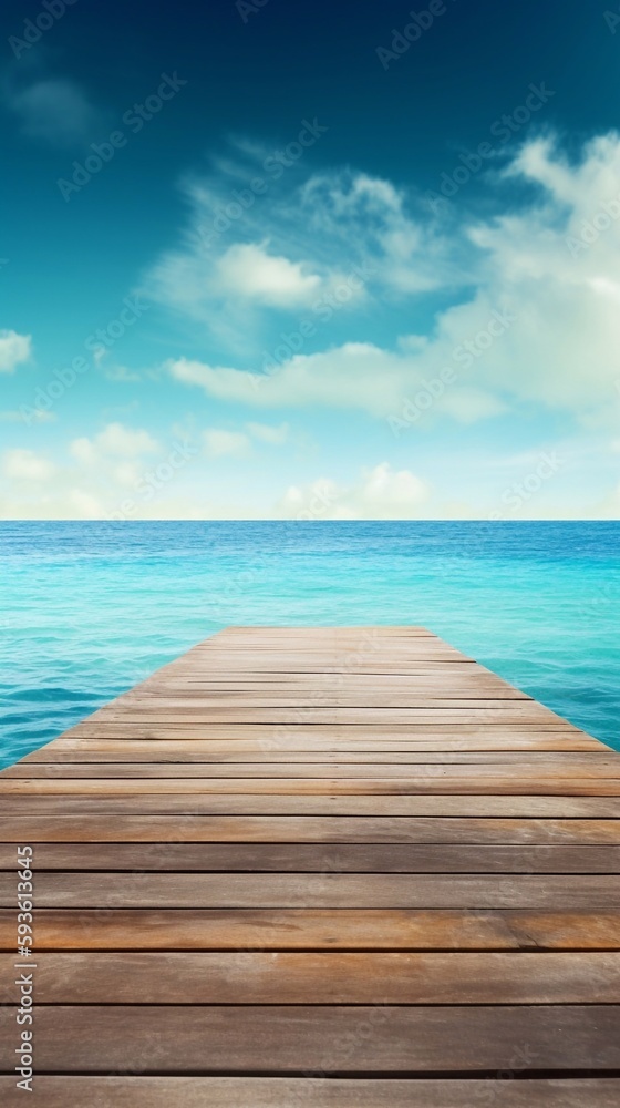 A wooden dock jetty pier with a tropical blue ocean summer sky background. A.I. Generated
