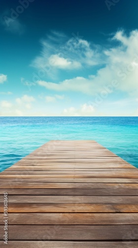 A wooden dock jetty pier with a tropical blue ocean summer sky background. A.I. Generated 