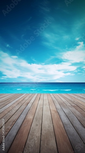 A wooden dock jetty pier with a tropical blue ocean summer sky background. A.I. Generated 