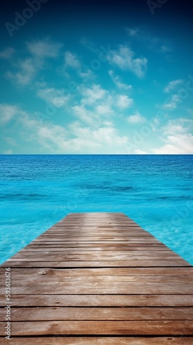 A wooden dock jetty pier with a tropical blue ocean summer sky background. A.I. Generated 