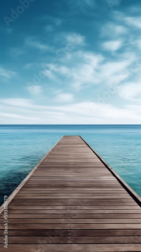 A wooden dock jetty pier with a tropical blue ocean summer sky background. A.I. Generated  © JPDC