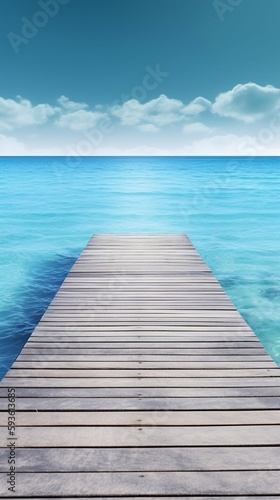 A wooden dock jetty pier with a tropical blue ocean summer sky background. A.I. Generated 