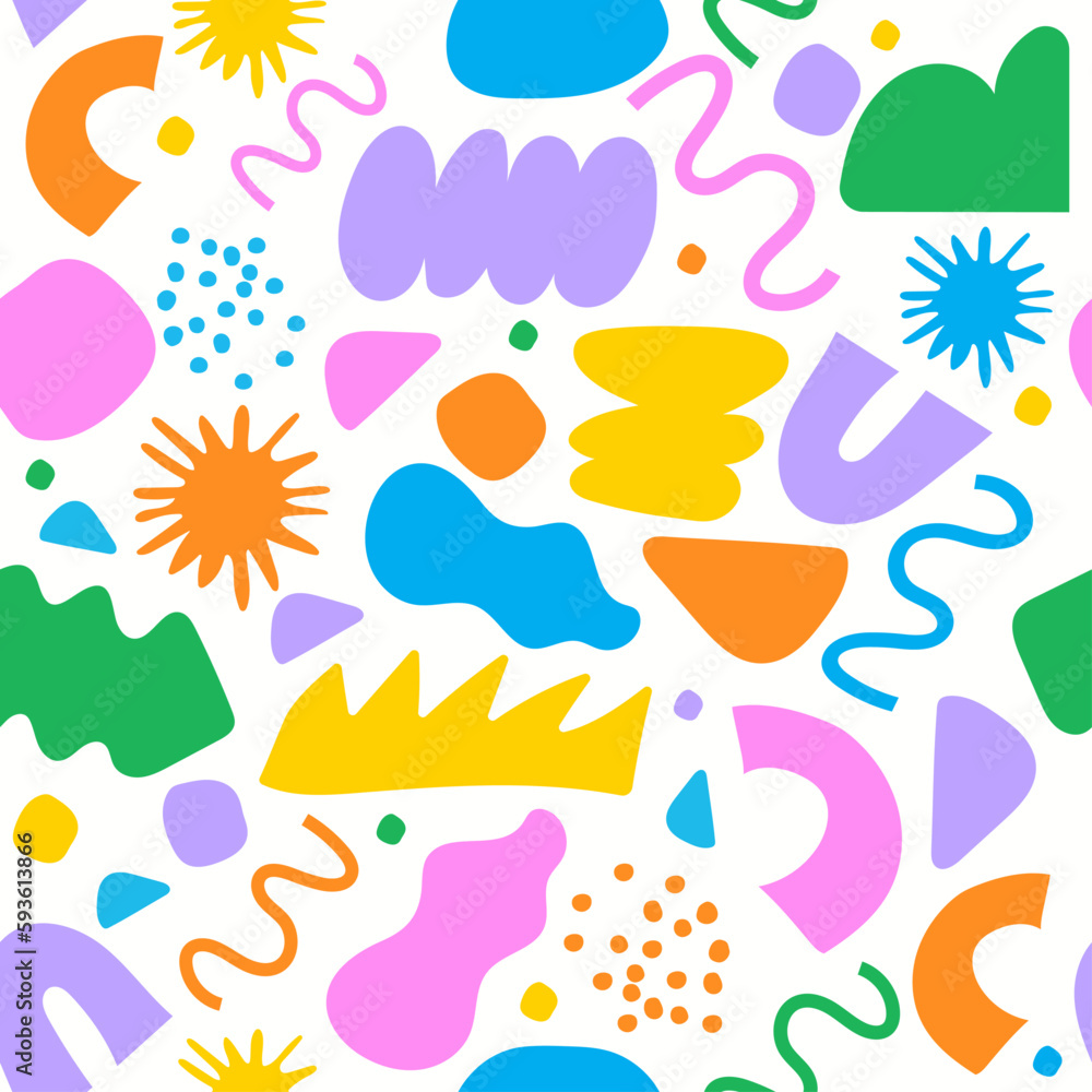 Abstract seamless pattern with colorful doodles inspired by Matisse. Flat cartoon background, simple random shapes in bright childish colors.