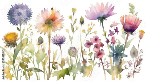delicate watercolor beautiful meadow flowers on white background. generative ai   © pa-ka