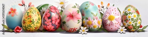 illustration, decorating easter eggs with spring flowers, web site header, ai generative.