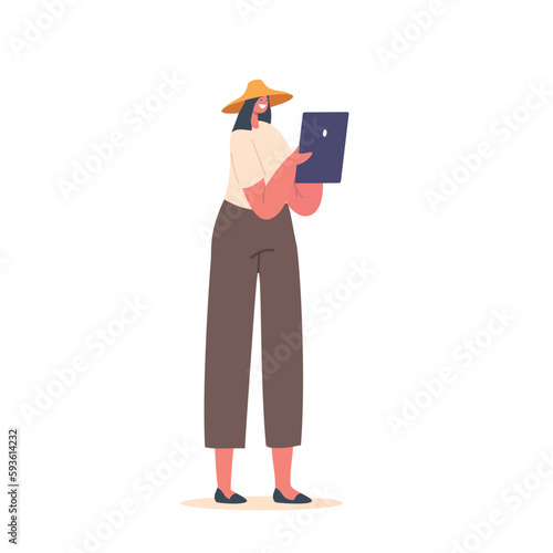 Woman Farmer Uses A Tablet To Monitor Crop Growth, Soil Quality, And Weather Conditions, Cartoon Vector Illustration