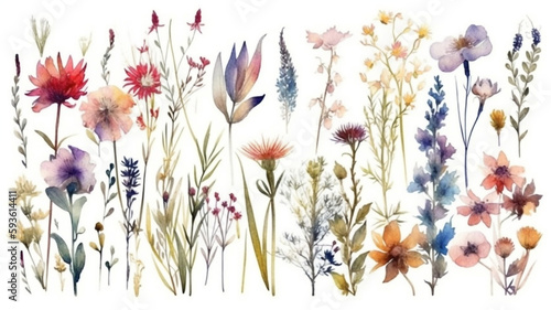 delicate watercolor beautiful meadow flowers on white background. generative ai	
