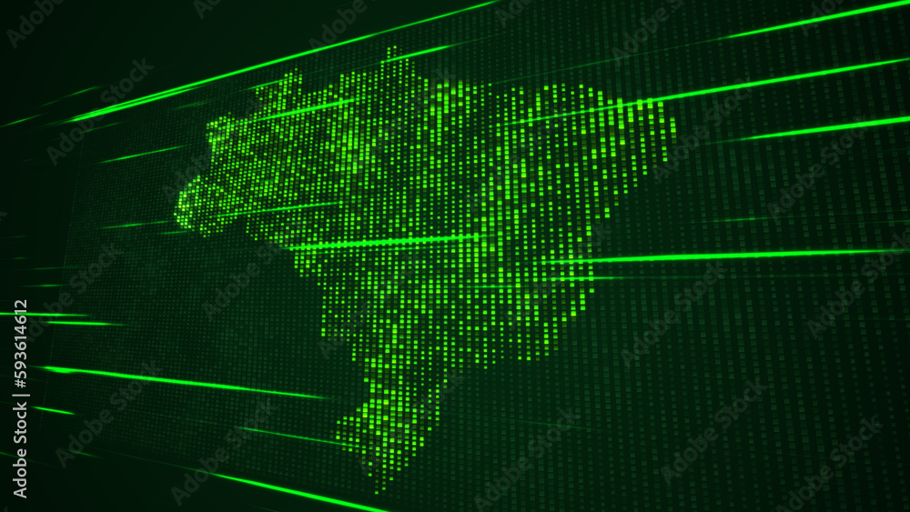 Obraz premium Abstract Futuristic Green Shinny Square Mosaic Grid Map Of Brazil Perspective View With Horizontal Light Streaks