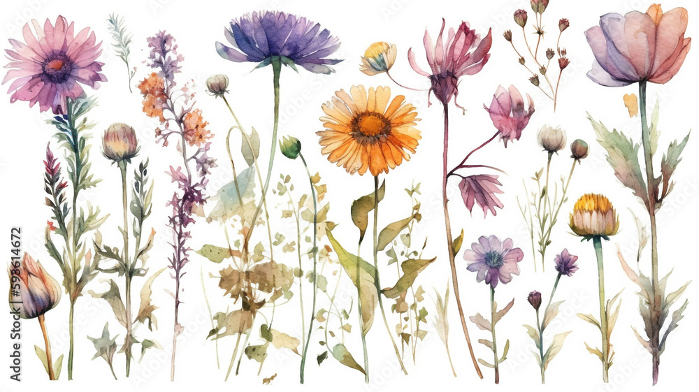 delicate watercolor beautiful meadow flowers on white background. generative ai	
