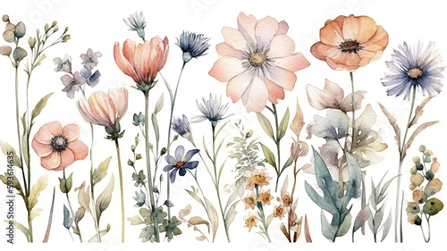 delicate watercolor beautiful meadow flowers on white background. generative ai   © pa-ka