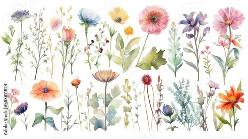 delicate watercolor beautiful meadow flowers on white background. generative ai 