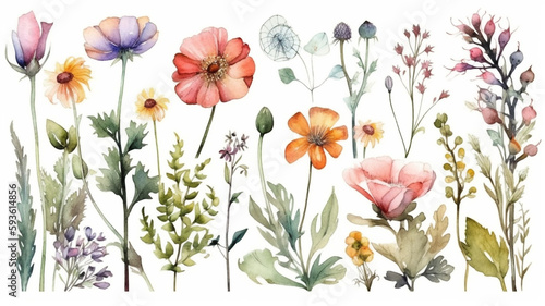 delicate watercolor beautiful meadow flowers on white background. generative ai  