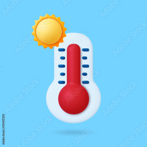 Weather thermometer with hot temperature. 3D sun, forecast graphic element. Realistic render vector heat icon for app, web design, tv show