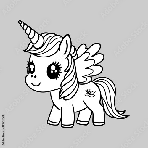 Cute cartoon unicorn . Fantastic animal. Black and white, linear, image. For the design of coloring books, prints, posters, stickers, tattoos, etc. Vector
