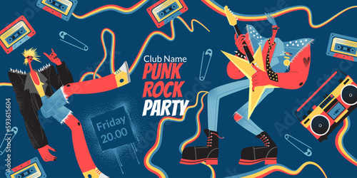 Punk rock party banner template. Vector illustration with funny guitarist and girl characters