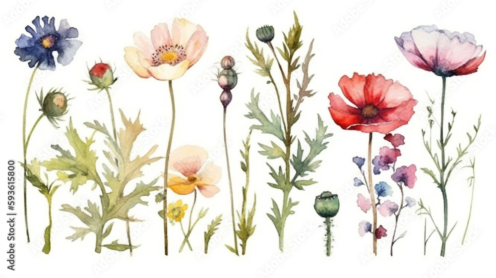 Obraz premium delicate watercolor beautiful meadow flowers on white background. generative ai