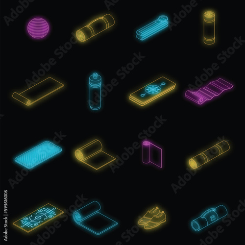 Yoga mat icons set. Isometric set of yoga mat vector icons neon color on black