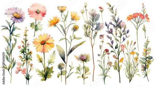  delicate watercolor beautiful meadow flowers on white background. generative ai 