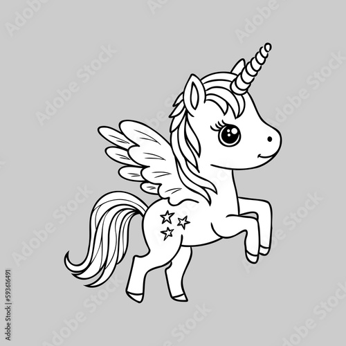 Cute cartoon unicorn . Fantastic animal. Black and white, linear, image. For the design of coloring books, prints, posters, stickers, tattoos, etc. Vector © Elala 9161