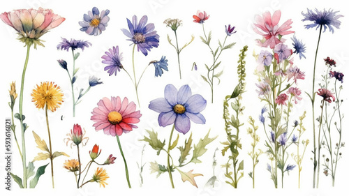   delicate watercolor beautiful meadow flowers on white background. generative ai   © pa-ka