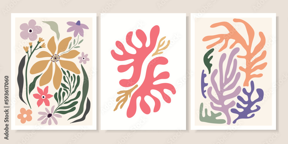 Abstract contemporary posters with floral design, aesthetic minimalist backgrounds set, modern trendy wall decoration Abstract contemporary posters with floral design, aesthetic minimalist backgrounds set, modern trendy wall decoration