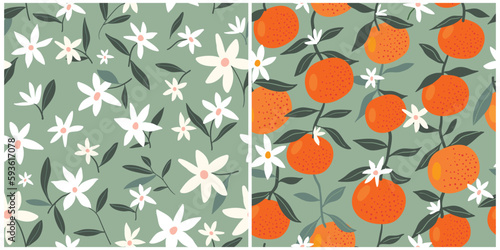 Seamless patterns set with oranges and orange blossoms, summer background wallpaper with ripe fruits, vector illustration 