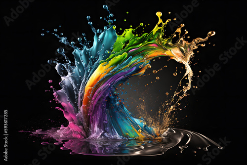 Colorful abstract water, paint and ink splash. Black background. Generative AI