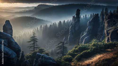 Illustration of the German low mountain range harz by fog. Mountains with fog. Landscape. Generative AI photo