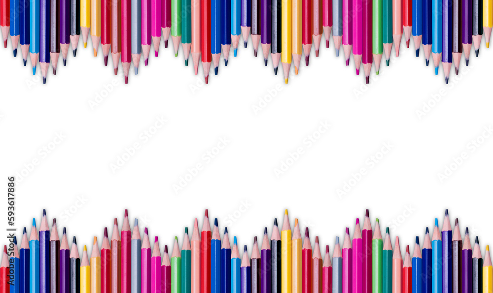 Obraz premium Color pencils isolated on transparent background | Colored pencil long wavy border | Back to school concept