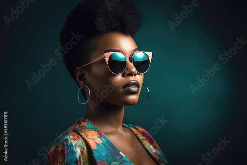 Black woman wearing trendy sunglasses and earrings. Generative AI © Miquel