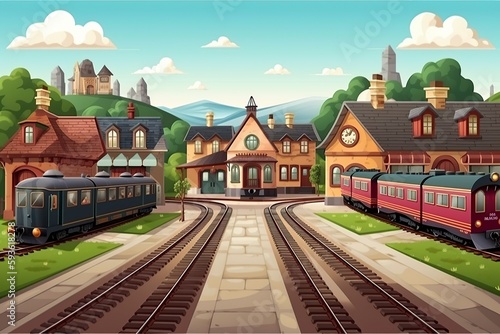 cartoon illustration, train station in the village, ai generative