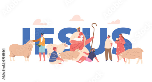 Jesus Christ Biblical Character with Sheep on Hands Surrounded By Smiling Children. Kids Friend Religious Concept