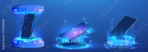 Futuristic holograms and podiums with 3D mobile phones. Abstract digital user interface technology. Smartphone hangs in the air. HUD, GUI futuristic portal, hologram. Vector