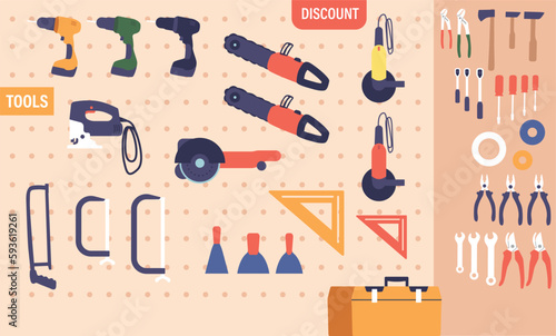Well-organized Shelf Displaying A Vast Array Of Repair Tools, From Wrenches To Screwdrivers, and Electric Instruments