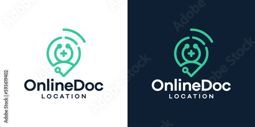 Stethoscope logo design template with signal wifi and pin location design vector illustration. Symbol online doctor location, icon, creative.