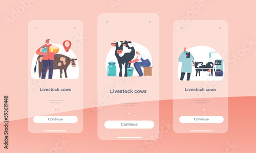 Livestock Cows Mobile App Page Onboard Screen Template. Farmers Characters Work On Farm Cleaning, Feeding