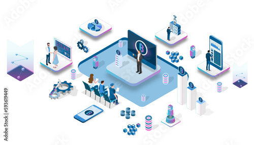 Isometric Block Pattern Illustration Show business content seminar communicate exchange information Investment and turnover