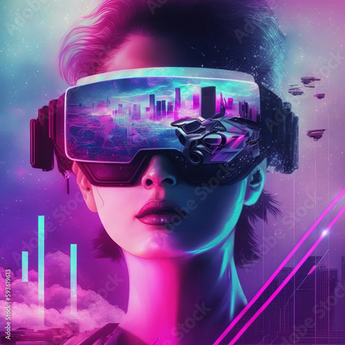 Ravishing cyberpunk gamer girl retro style portrait with neon and futuristic lighting wearing VR headset displaying cityscape virtual world double exposure by Generative AI.