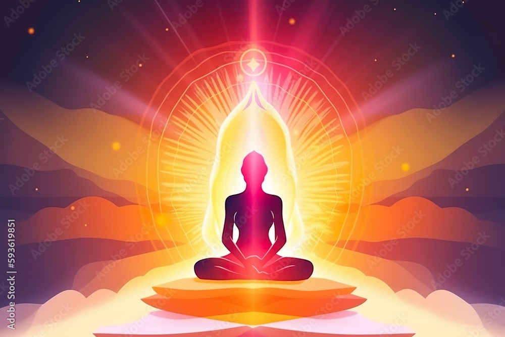 Eine Person in einer meditativen Pose auf einer Yoga-Matte mit geschlossenen Augen und symbolischen Elementen im Hintergrund, was die Verbindung von Yoga und Esoterik darstellt. (Generative AI) Eine Person in einer meditativen Pose auf einer Yoga-Matte mit geschlossenen Augen und symbolischen Elementen im Hintergrund, was die Verbindung von Yoga und Esoterik darstellt. (Generative AI)