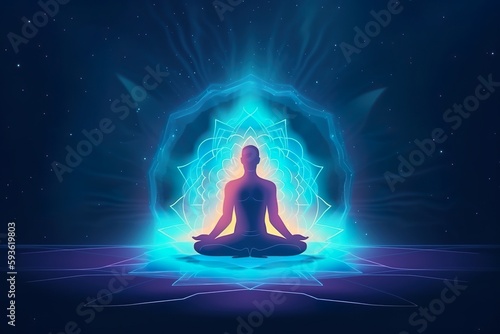 Eine Person in einer meditativen Pose auf einer Yoga-Matte mit geschlossenen Augen und symbolischen Elementen im Hintergrund, was die Verbindung von Yoga und Esoterik darstellt. (Generative AI)